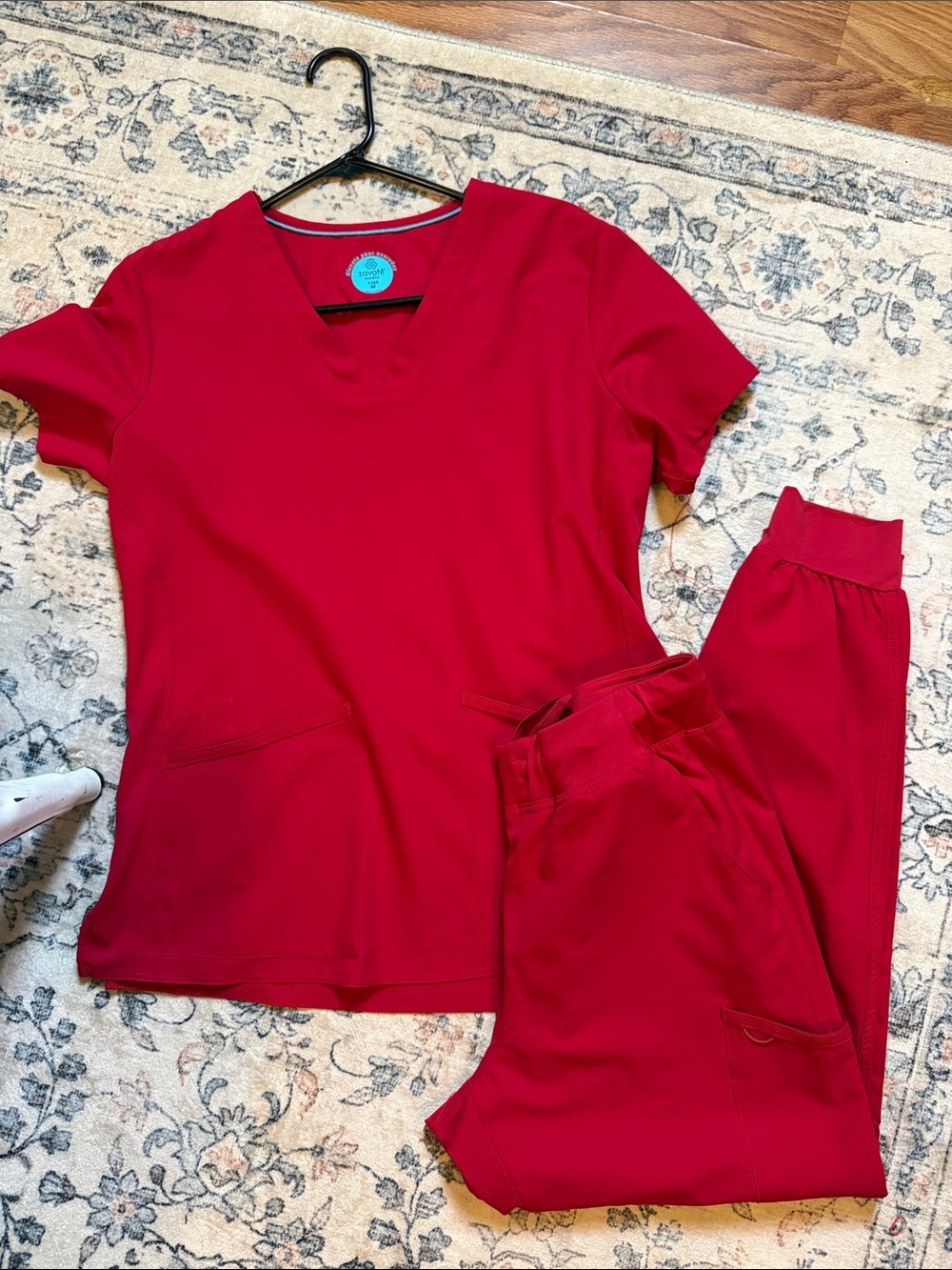 Women’s Red V-Neck Scrub Top and Pants Set